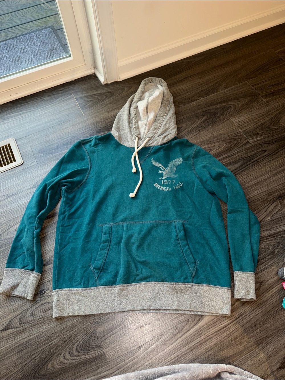 American Eagle Outfitters Teal and Gray Crewneck Hoodie Sweater